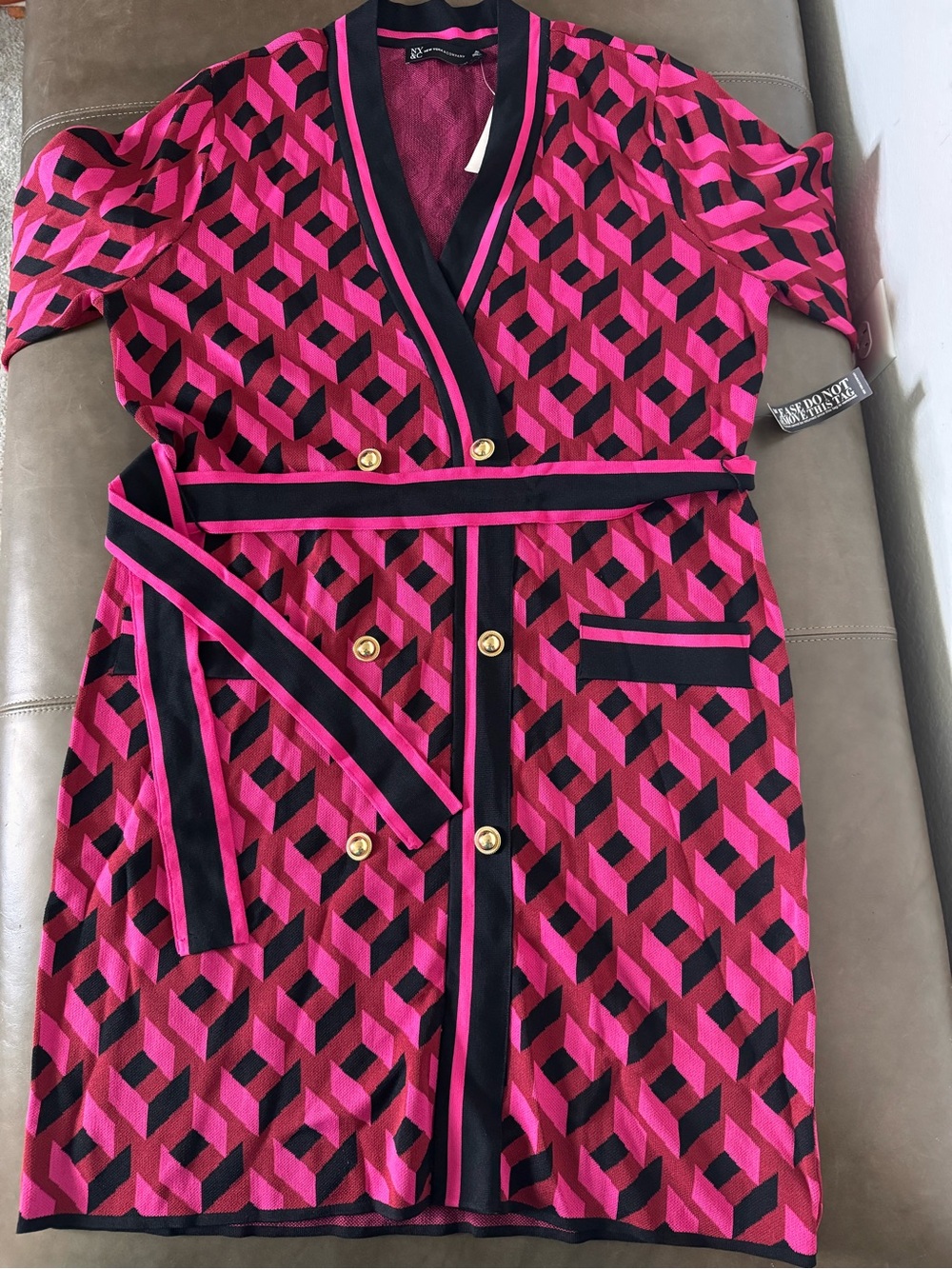 NY & CO XL Pink and Black Geometric Wrap Midi Dress